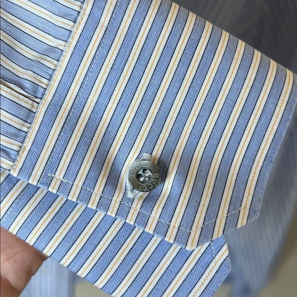 Gucci blue & white yellow pinstripe button down cotton dress shirt